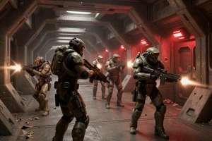 Breachline Protocol - co-op sci-fi shooter cover art showing an armored squad breaching an alien base under red emergency lighting