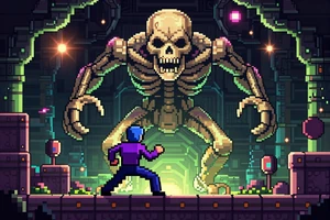 Gravegate Spiral - pixel art roguelite dungeon crawler cover showing a hero facing a skeletal boss in a glowing underground crypt