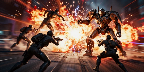 High-Momentum Arcade Picks collection banner - explosive combat scene with mechs and soldiers amid fire and energy effects