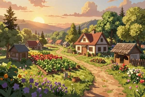 Mossfield Letters - cozy indie farming simulation cover art with a magical valley village at golden sunset