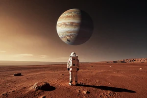 Far Meridian Survey - open world space exploration game cover showing an astronaut on a red planet surface gazing at a gas giant