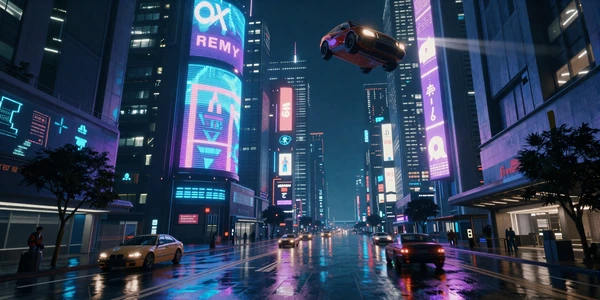 Cyber Cities and Neon Streets collection banner - cyberpunk megacity at night with neon-lit streets and holographic billboards