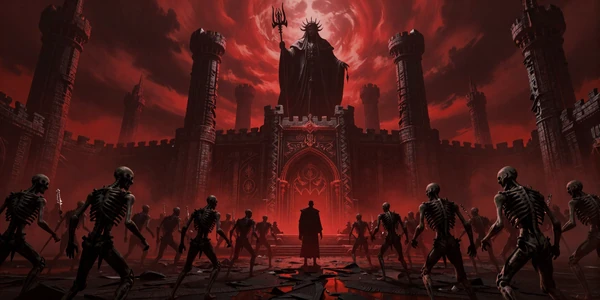 Shadowed Fantasy Journeys collection banner - skeletal armies and a dark mage on a blood-red ancient battlefield