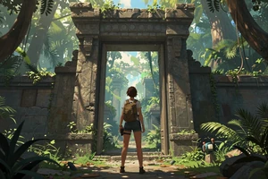 Lowlight Transmission - narrative adventure game cover art showing an explorer at a glowing ancient portal in jungle ruins