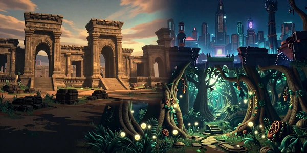 Story Worlds With Teeth collection banner - a cinematic collage of ancient ruins, a futuristic city, and an enchanted forest