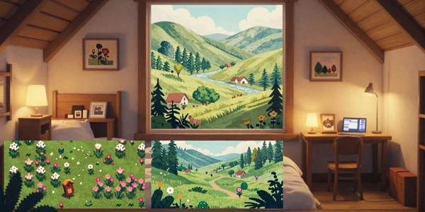 Quiet Indie Escapes collection banner - cozy cabin interior, pixel art garden, and watercolor hills in warm amber tones